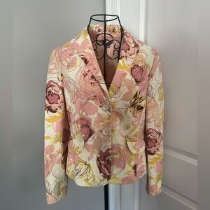 Ann Taylor Floral Pink White Cotton Linen Blazer Size 6